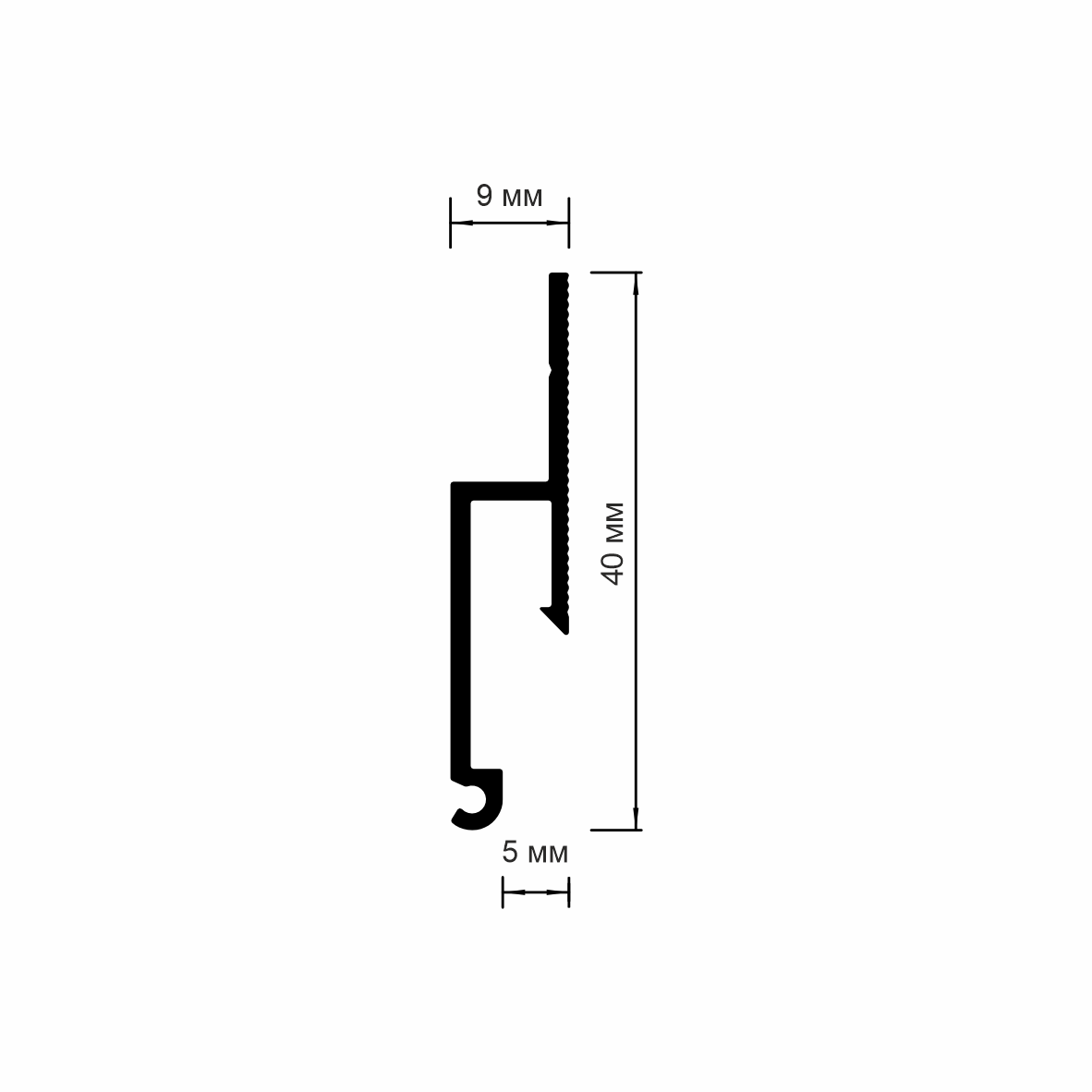 Dimension drawing of SofiMarsel 01-12 profile: 40 mm high, 9 mm deep and 5 mm shadow gap