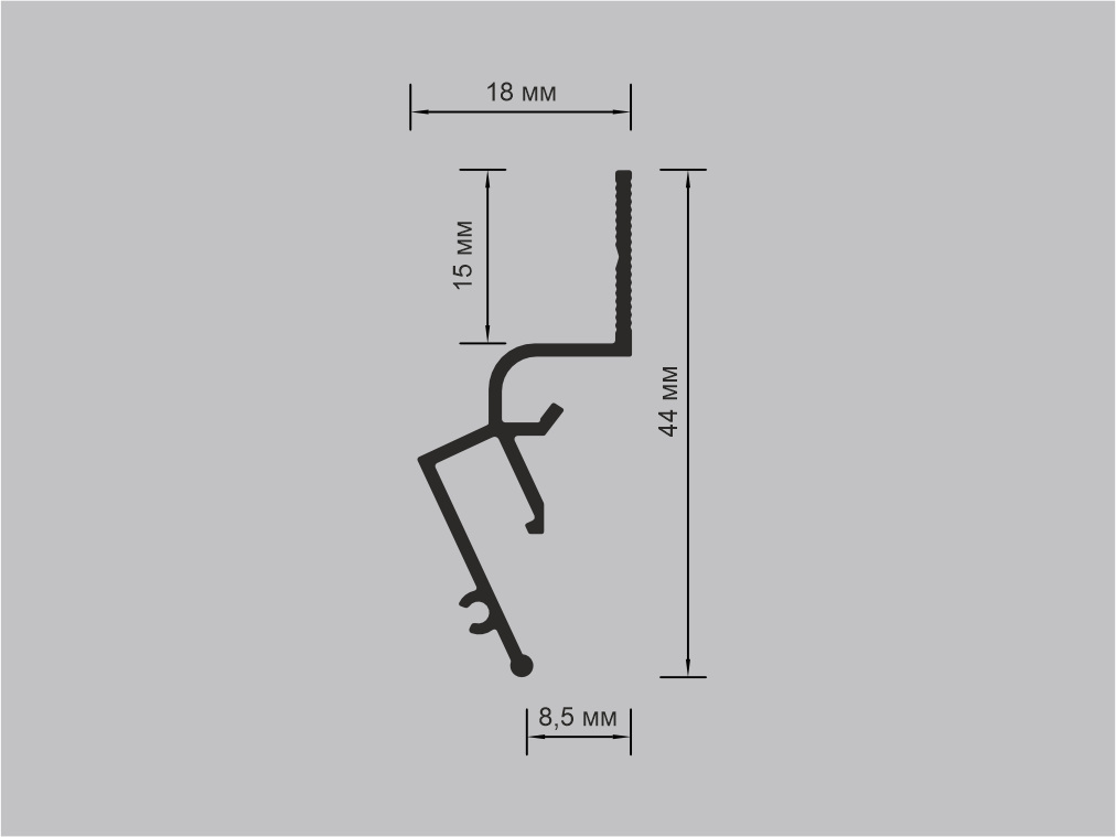 Dimension drawing of SofiMarsel profile 01-16: 44 mm high, 18 mm deep and 8.5 mm shadow gap