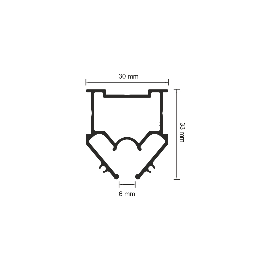 Dimension drawing of SofiMarsel 03-3: 30 mm wide, 33 mm high and 6 mm shadow gap