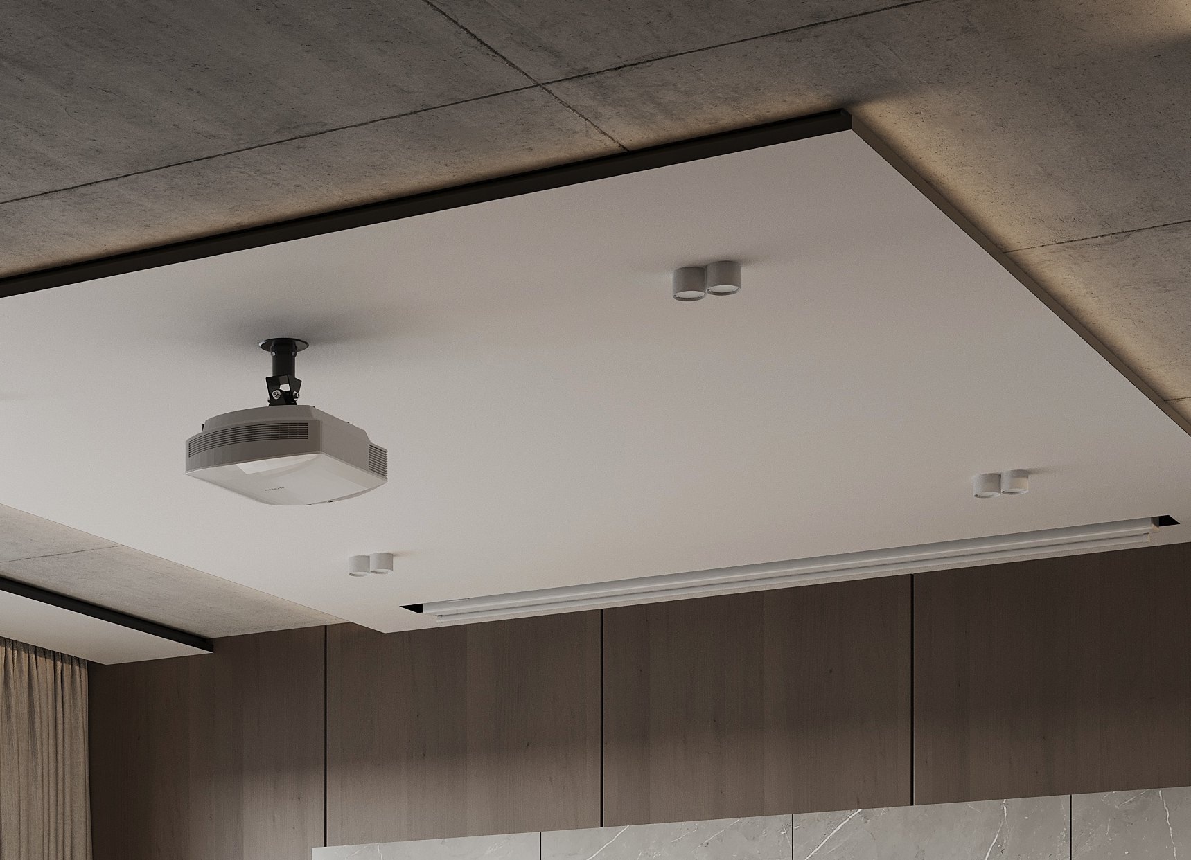 Stretch ceiling with an equipment recess and a clean MultiSnap free edge