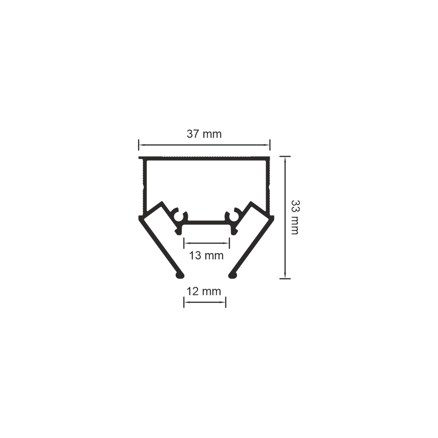 06‑20 PRO profile for a 12 mm linear light — 37 × 33 mm drawing