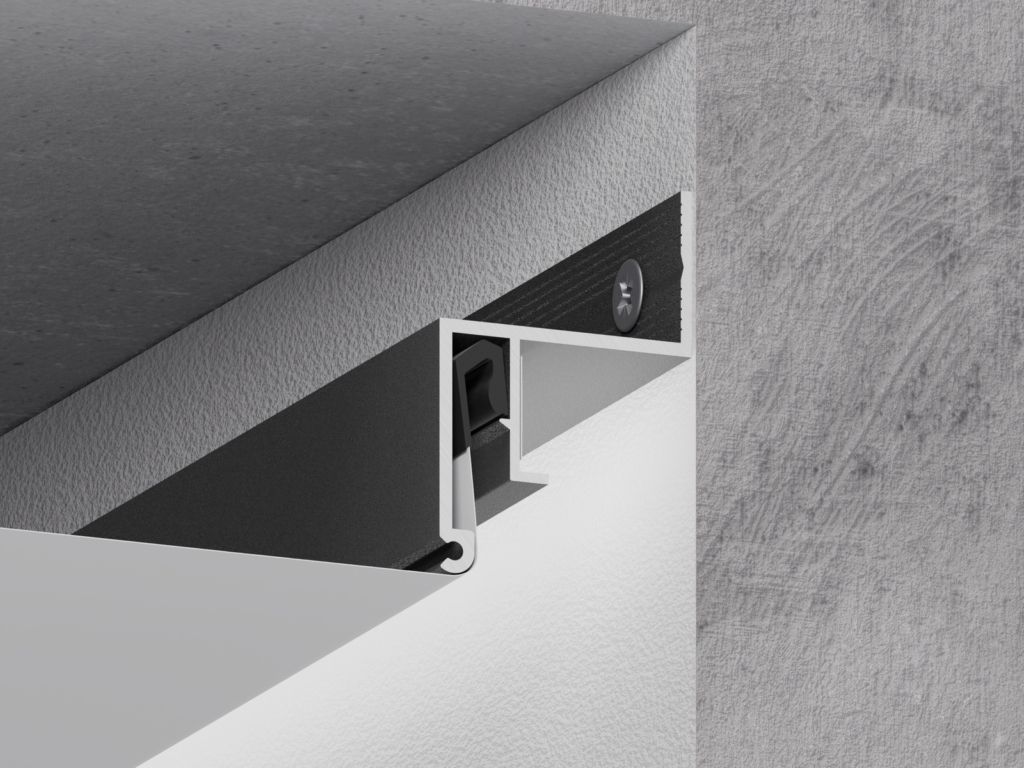 Official installation detail showing SofiMarsel 06-6 PRO at the wall and stretch-ceiling membrane