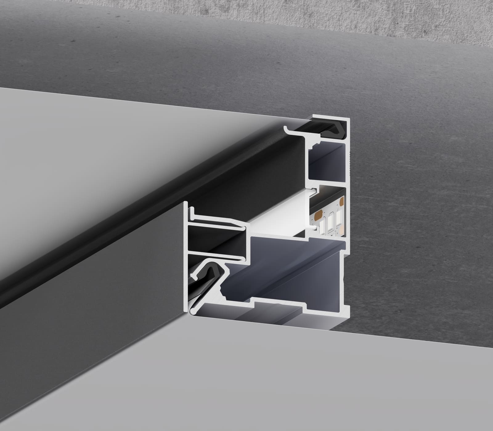 Transition detail between two ceiling levels using the 07-4 PRO profile · Lighting recess