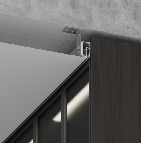08-4 PRO: stretch-ceiling junction beside a built-in wardrobe, fixed with adjustable brackets