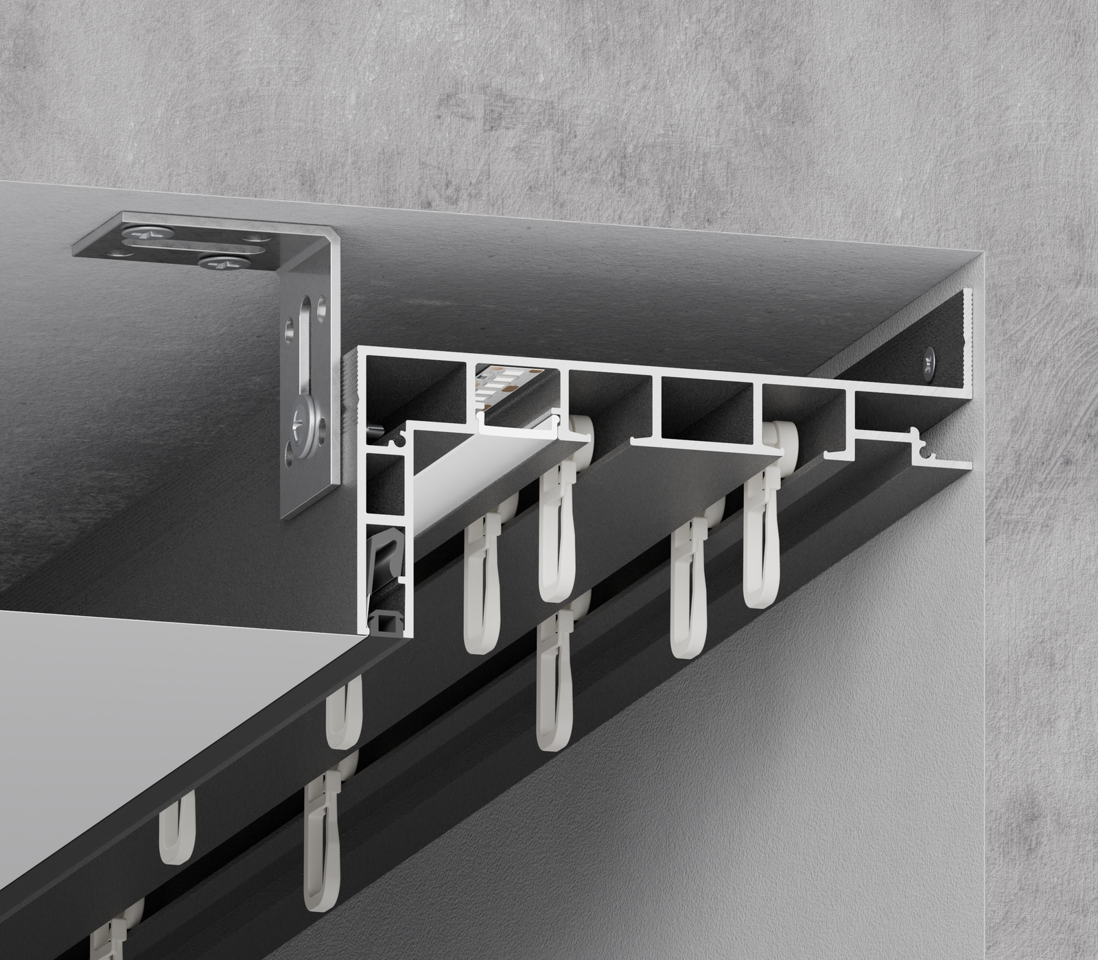 09-11 PRO installation: one side fixed to the wall, the other to the ceiling with adjustable brackets every 50 cm