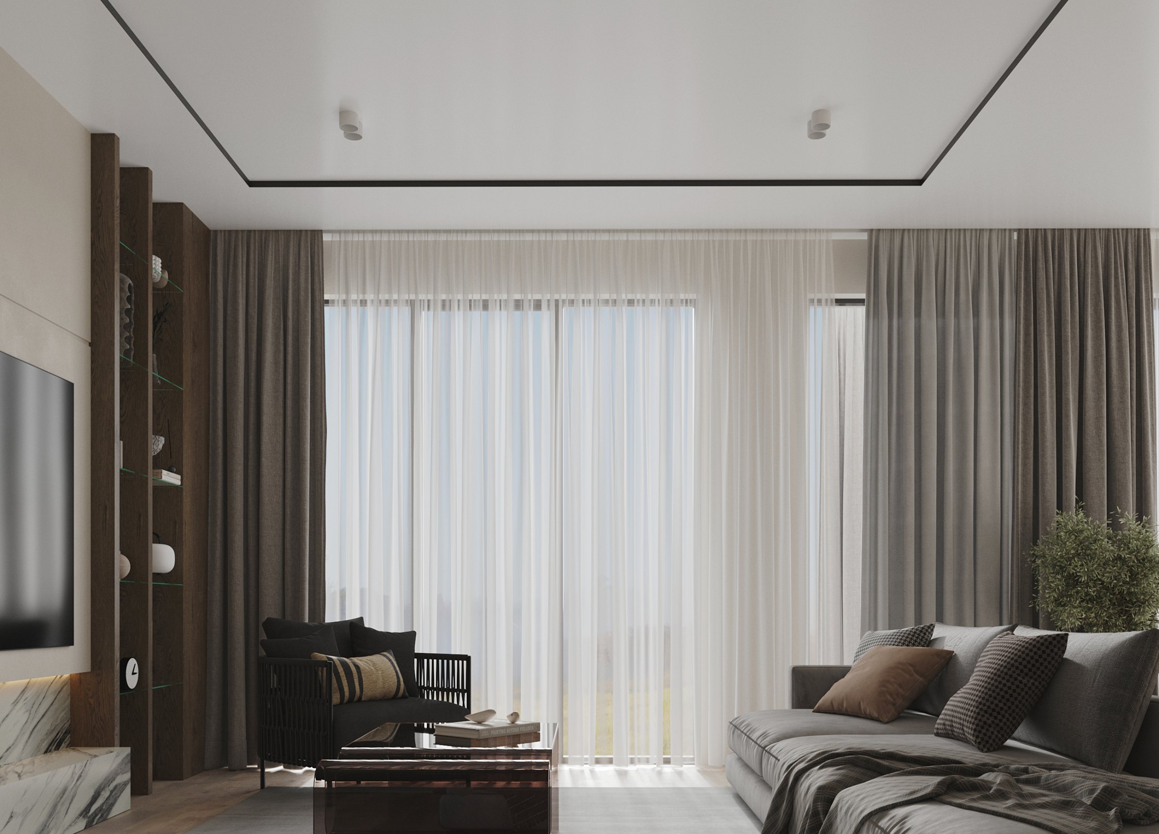 09-13 PRO · SLANT Q in a living room: curtains and sheers with a neat junction at the stretch ceiling