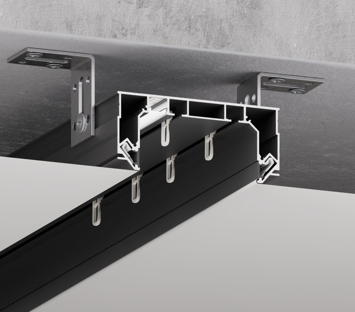 09-13 PRO assembly: adjustable ceiling brackets, two curtain tracks and side membrane insertion with concealed inserts