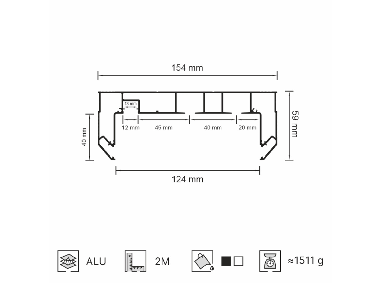 Filled cross-section drawing of 09-14 PRO MAX, 154 × 59 mm