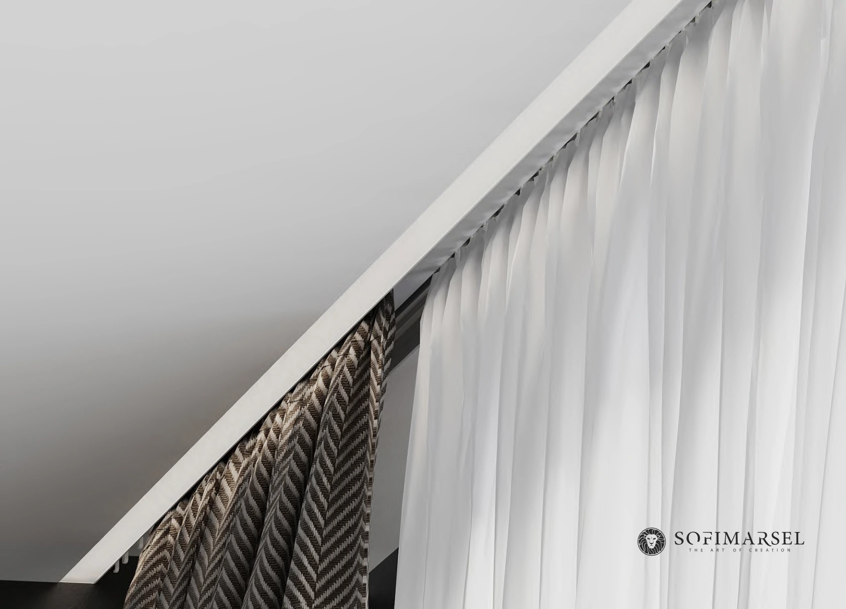 09-3 PRO integrated in a stretch ceiling with curtains and sheer curtains