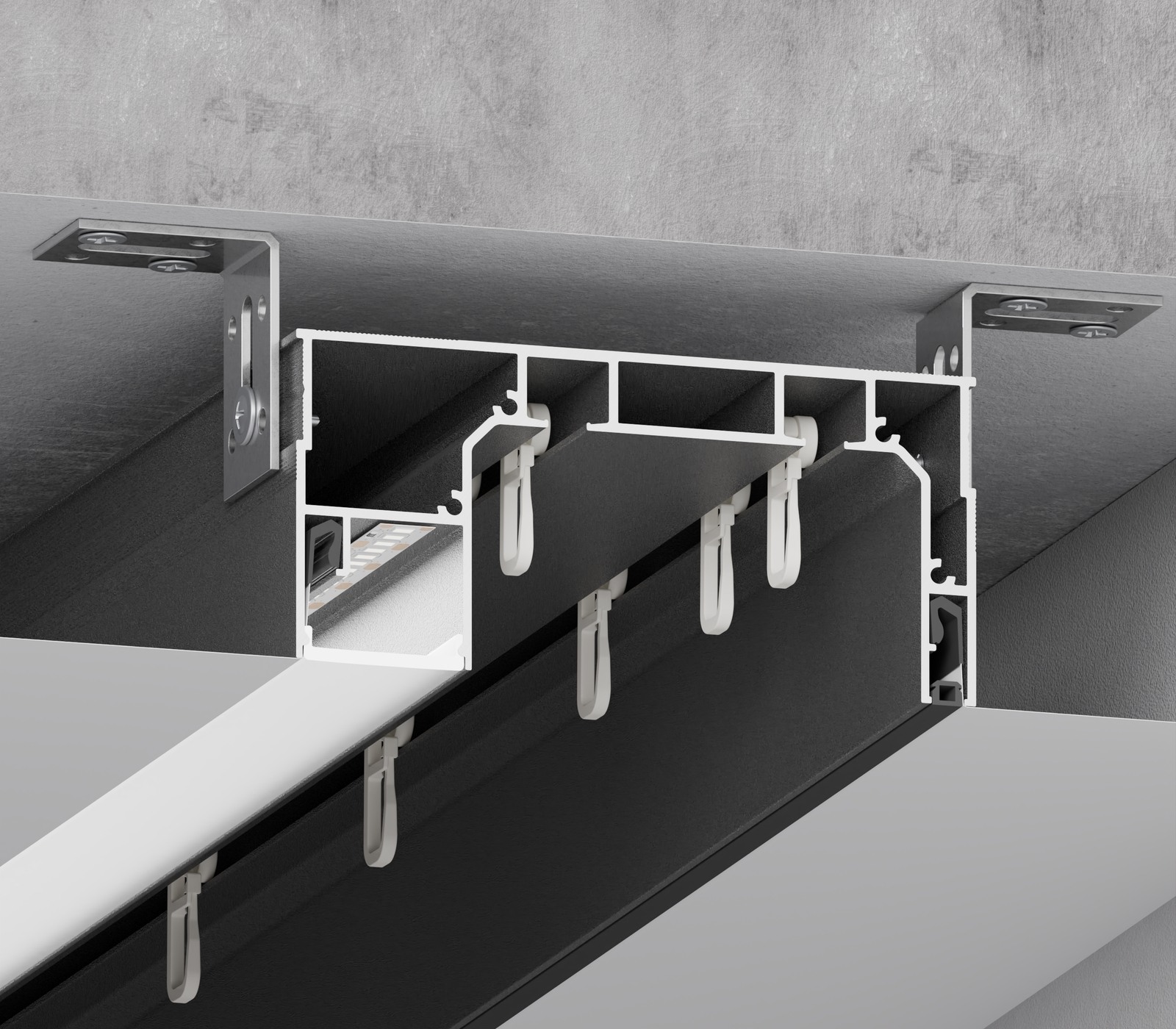 09-3 PRO profile installed in a stretch ceiling assembly with curtain rails