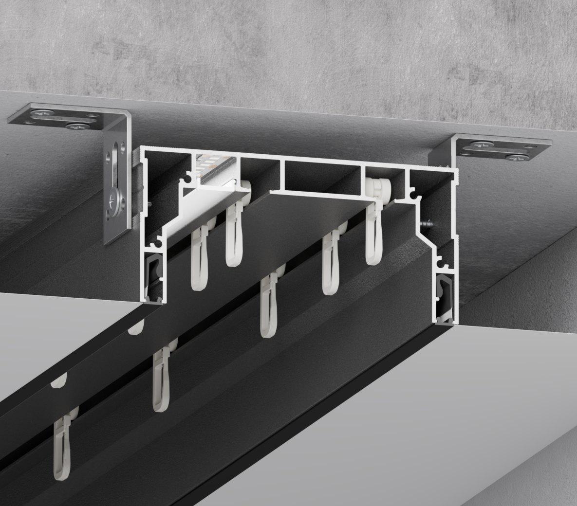 09-8 PRO profile installed in a stretch ceiling assembly with curtain rails